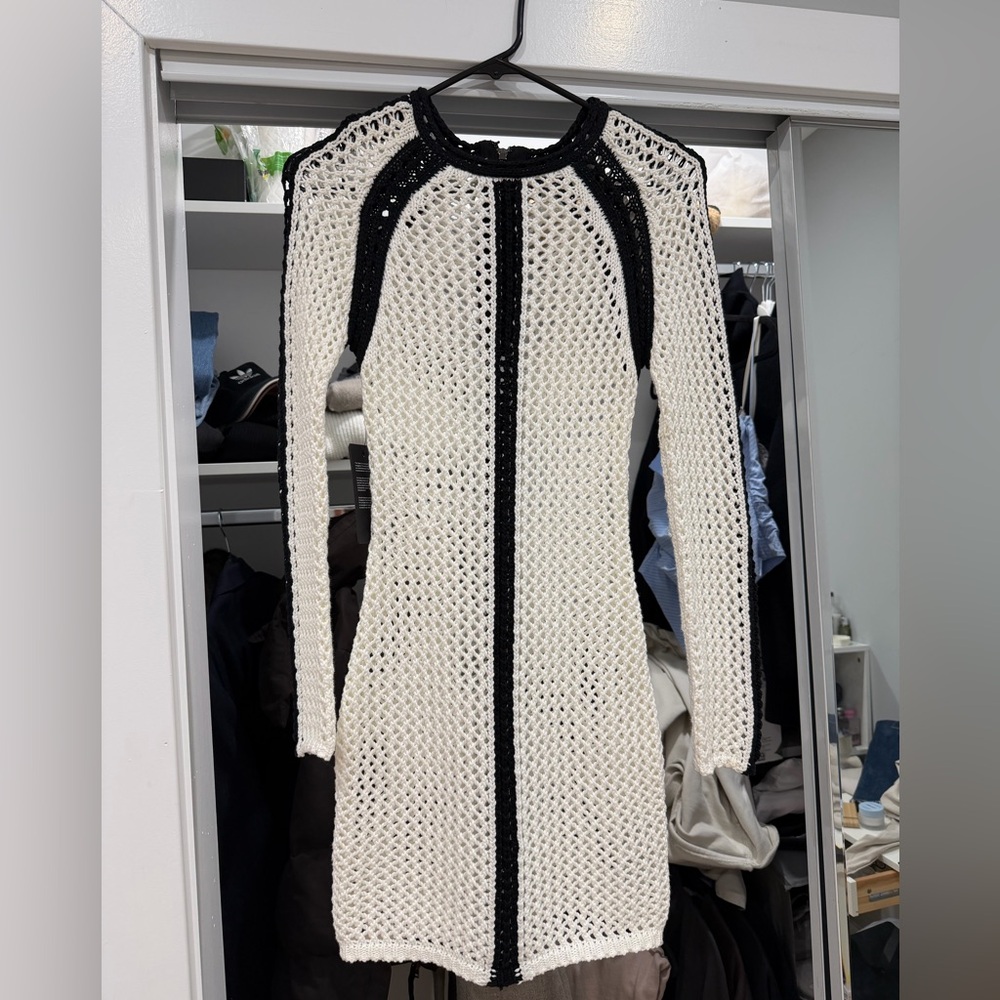 Marciano Open-Weave Long-Sleeve Bodycon Dress in White and Black